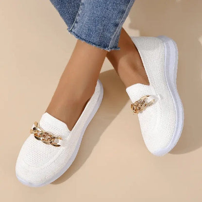 Chain Detail Round Toe Textured Slip On Shoes
