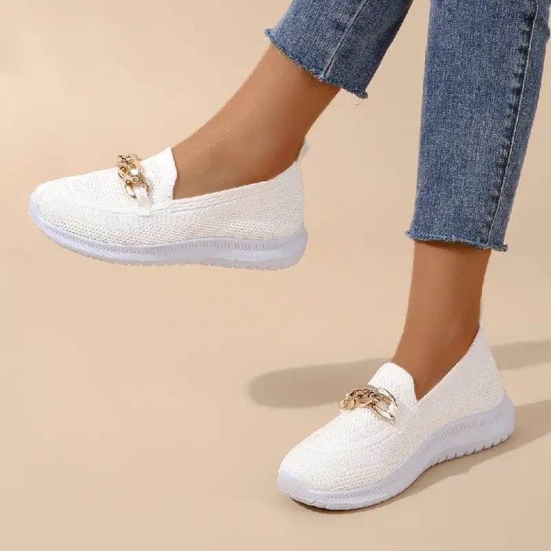 Chain Detail Round Toe Textured Slip On Shoes