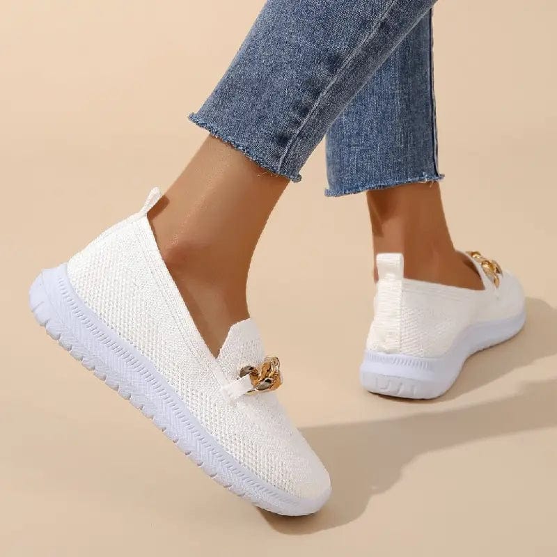 Chain Detail Round Toe Textured Slip On Shoes