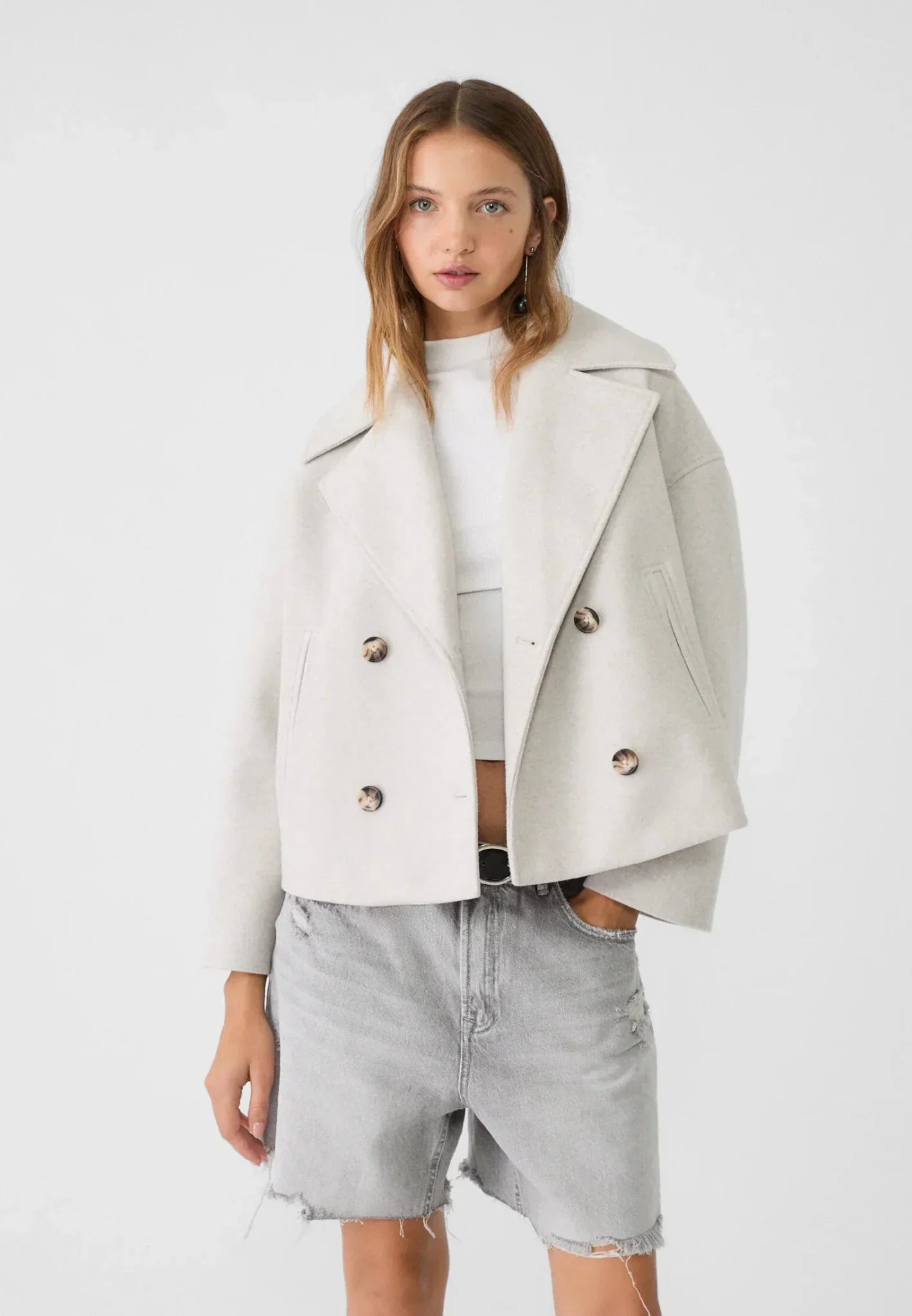 Notched Collar Double-Breasted Cropped Peacoat For Women