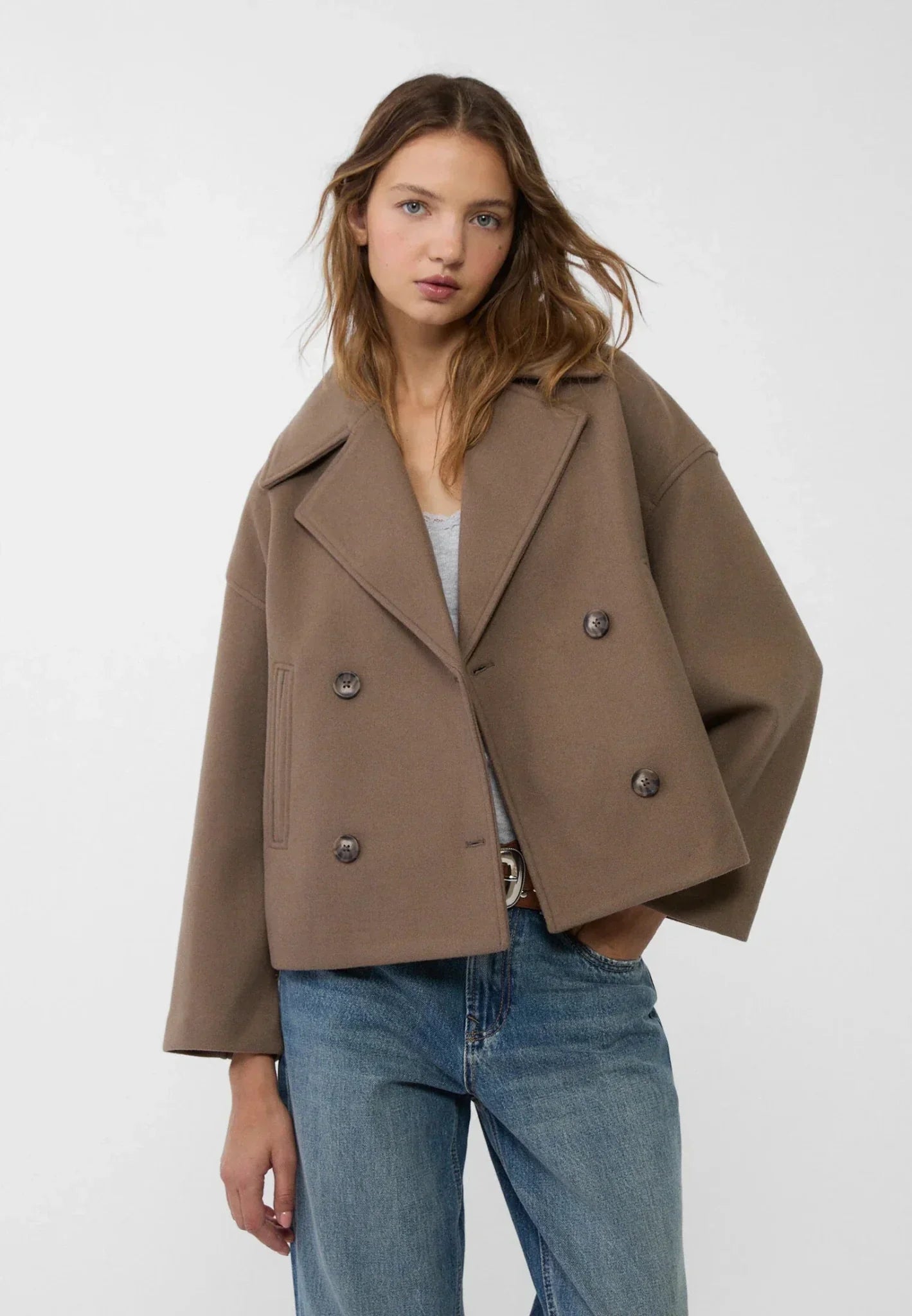 Notched Collar Double-Breasted Cropped Peacoat For Women