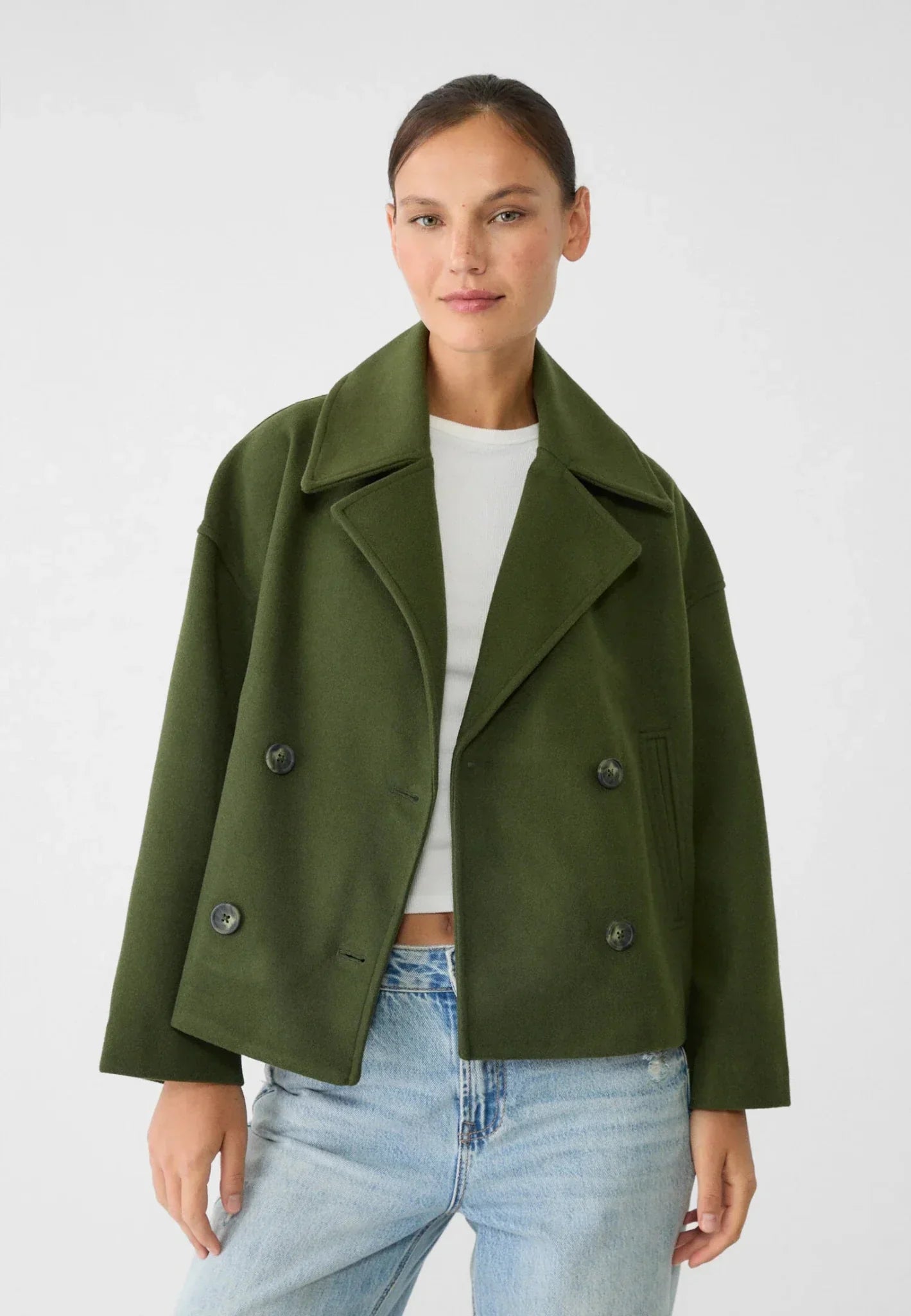 Notched Collar Double-Breasted Cropped Peacoat For Women