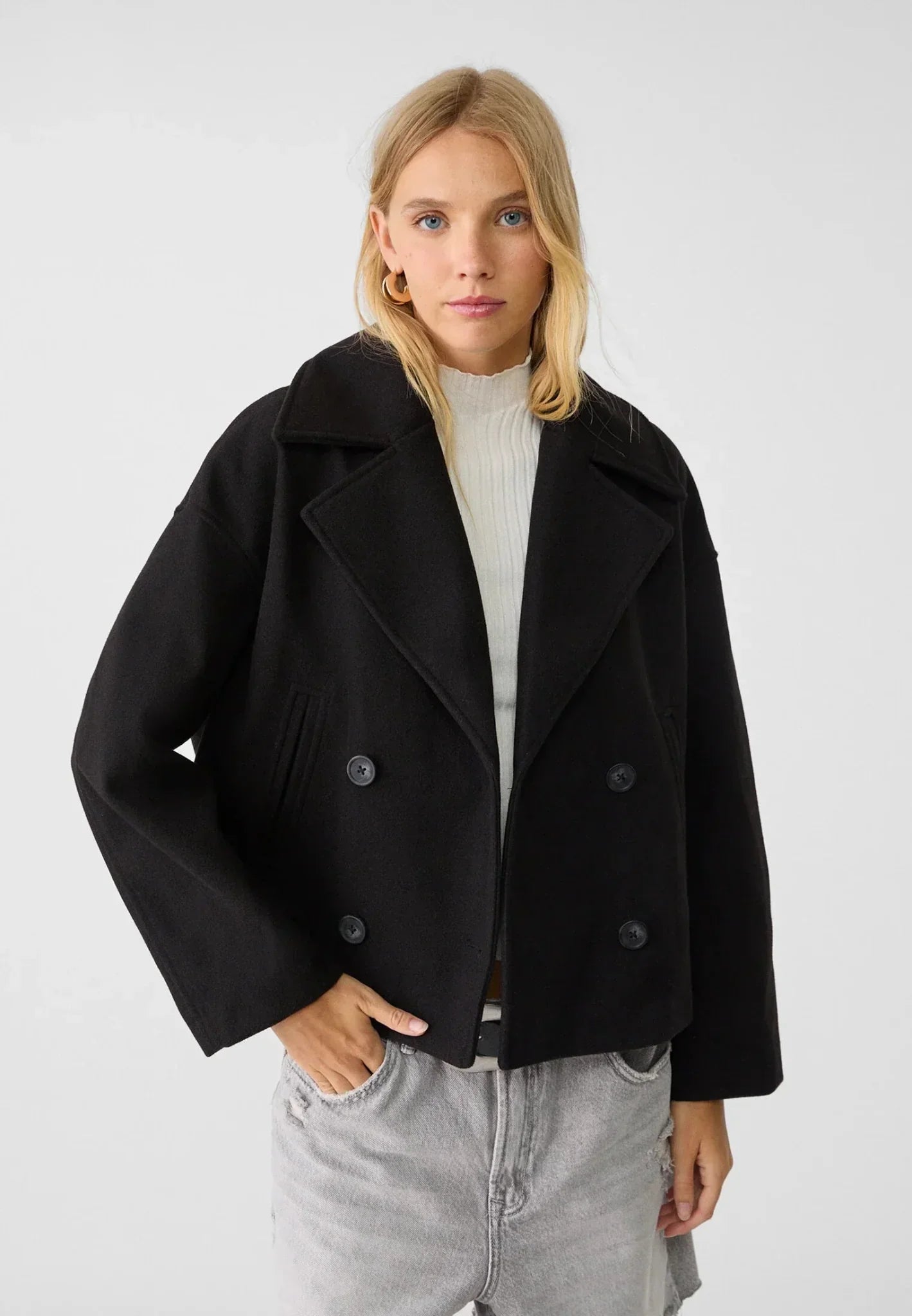 Notched Collar Double-Breasted Cropped Peacoat For Women