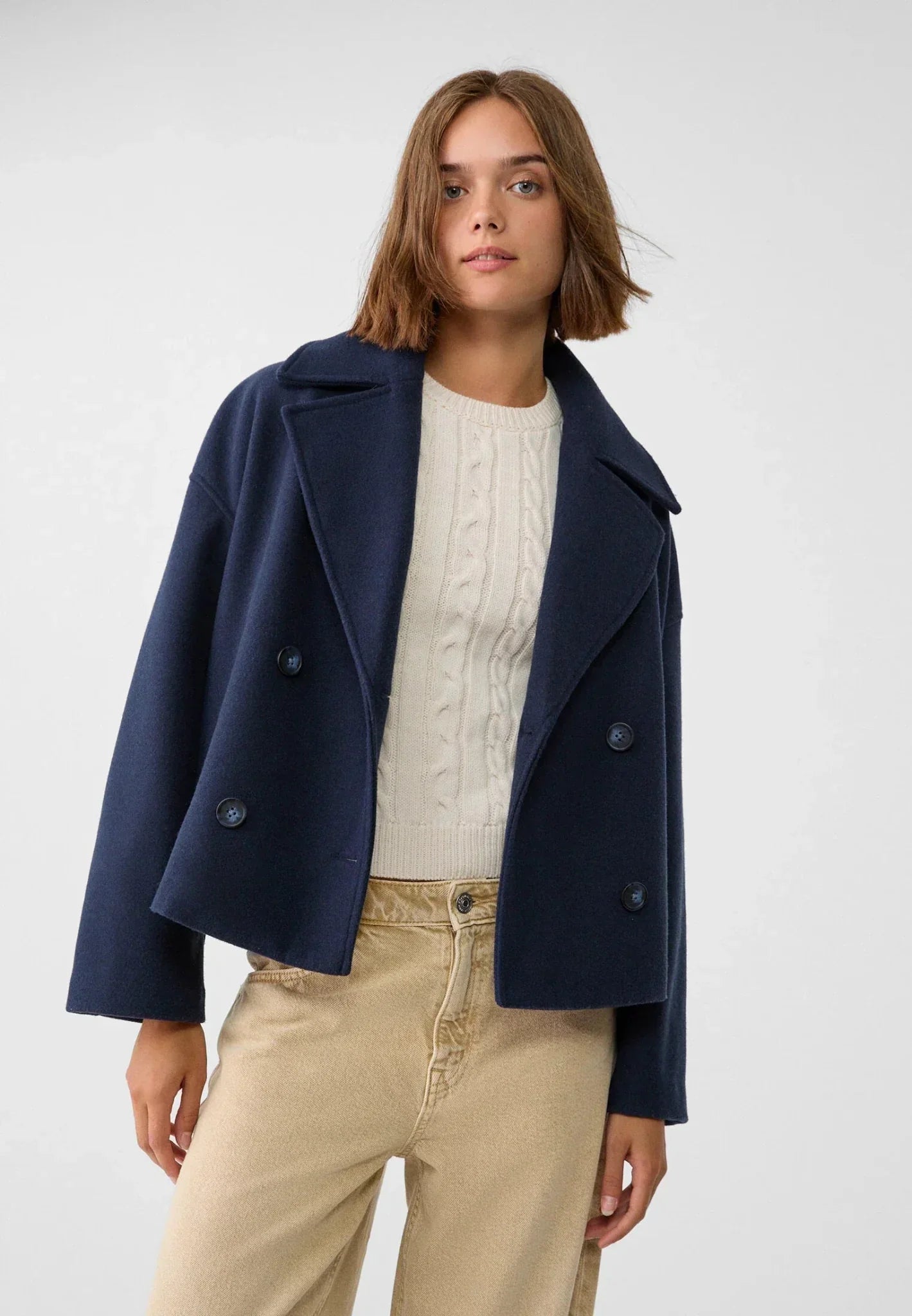 Notched Collar Double-Breasted Cropped Peacoat For Women