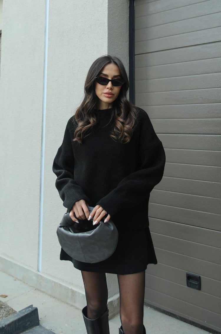 Crew Neck Long Sleeve Sweater and Mini Skirt Set For Women