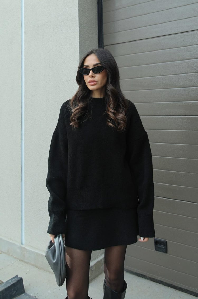 Crew Neck Long Sleeve Sweater and Mini Skirt Set For Women