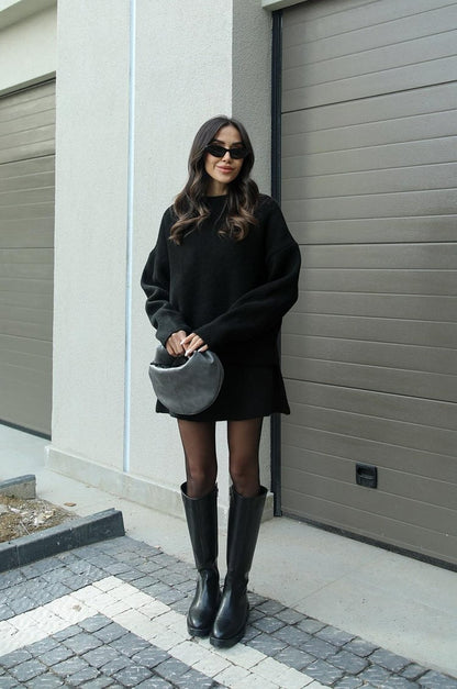 Crew Neck Long Sleeve Sweater and Mini Skirt Set For Women