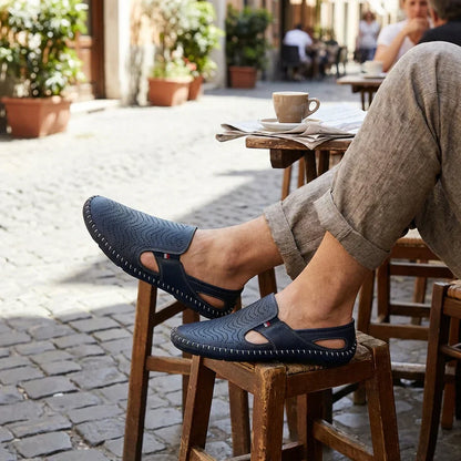 Perforated Stitched Cutout Textured Flat Closed Sandals