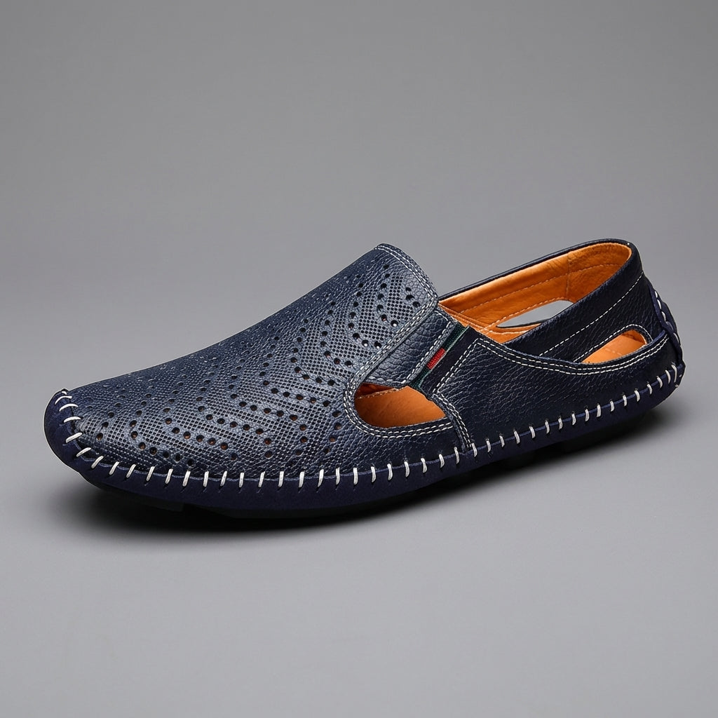 Perforated Stitched Cutout Textured Flat Closed Sandals