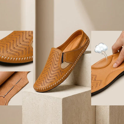 Perforated Stitched Cutout Textured Flat Closed Sandals