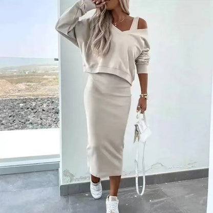 Women's Off-Shoulder Oversized Cardigan Sweater & Midi Dress Set