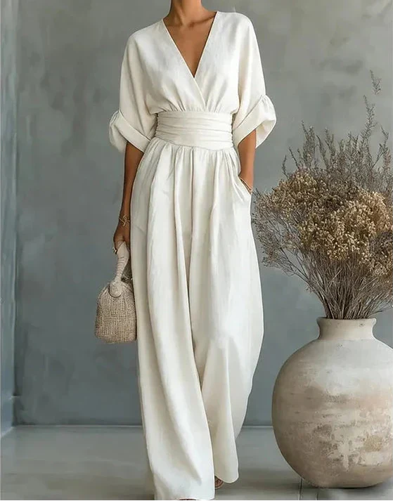 Cuffed Banded Plunging Pocketed Wide Jumpsuit
