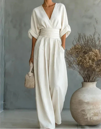 Cuffed Banded Plunging Pocketed Wide Jumpsuit