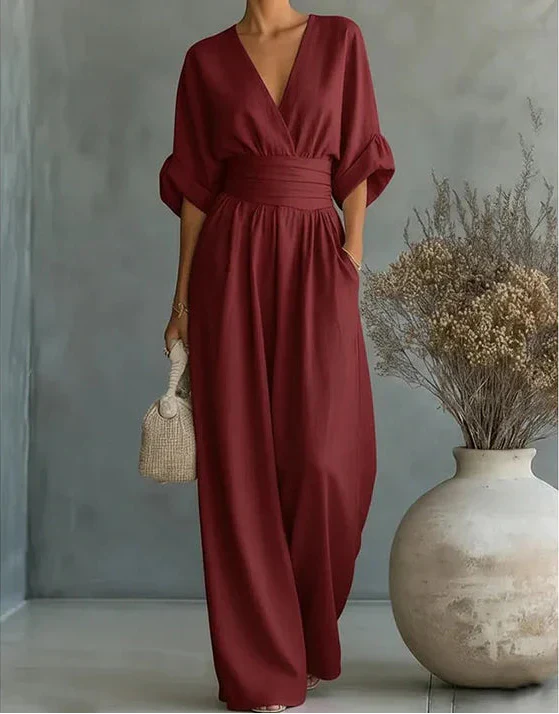 Cuffed Banded Plunging Pocketed Wide Jumpsuit