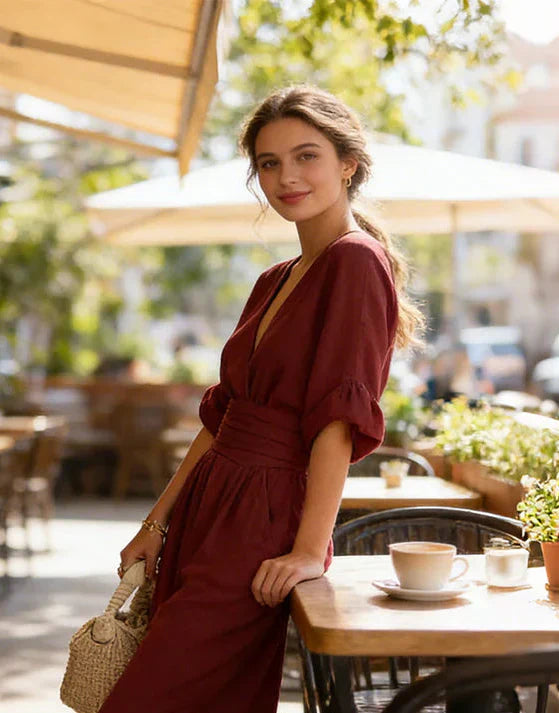 Cuffed Banded Plunging Pocketed Wide Jumpsuit