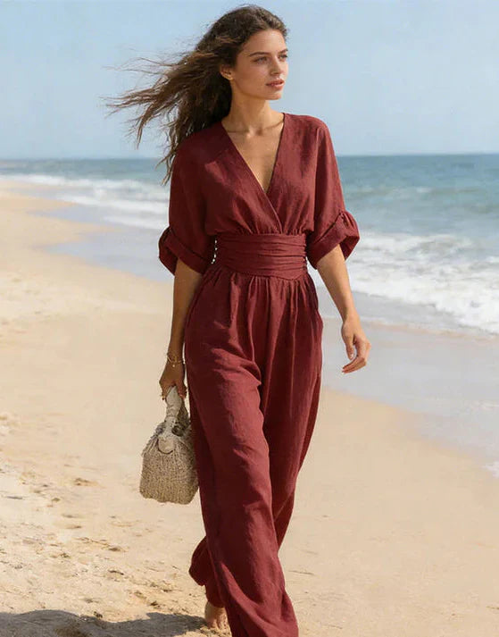 Cuffed Banded Plunging Pocketed Wide Jumpsuit