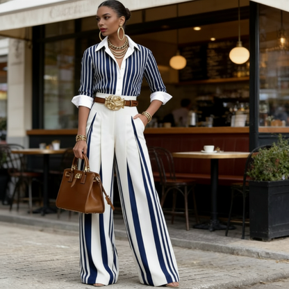 Long Sleeve Collared Striped Wide Leg Set Pleated