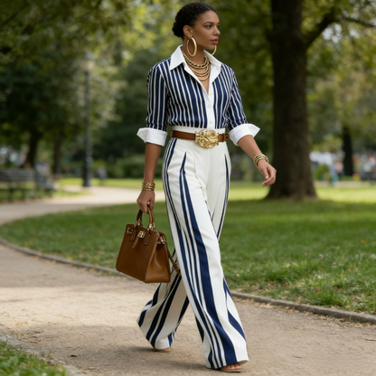 Long Sleeve Collared Striped Wide Leg Set Pleated