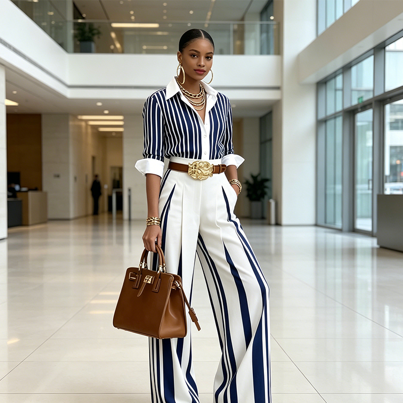 Long Sleeve Collared Striped Wide Leg Set Pleated