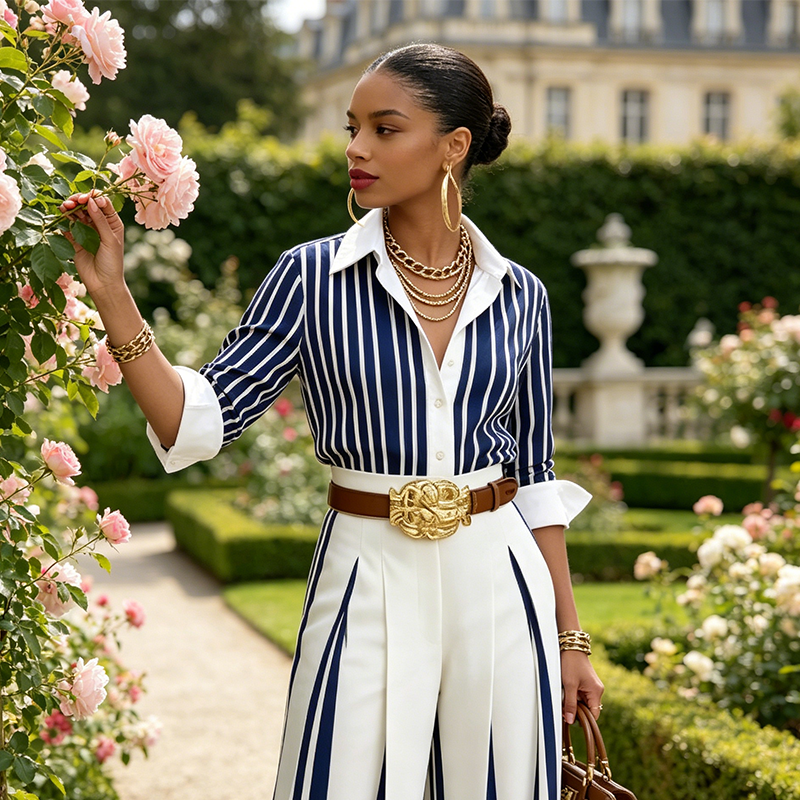 Long Sleeve Collared Striped Wide Leg Set Pleated