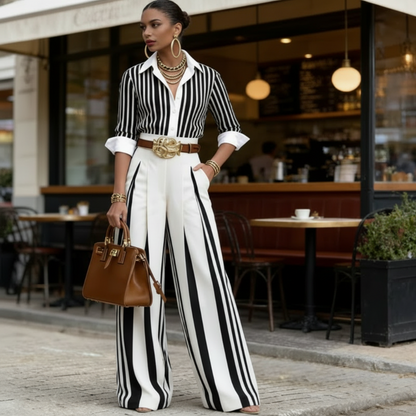 Long Sleeve Collared Striped Wide Leg Set Pleated