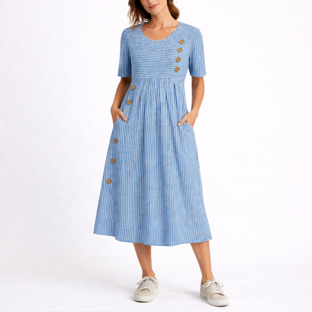 Scoop Neck Short Sleeve Fit and Flare Striped Midi Dress with Pockets