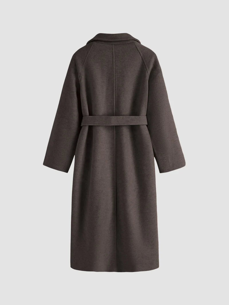Notched Collar Belted Long Coat For Women