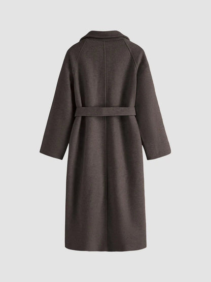 Notched Collar Belted Long Coat For Women