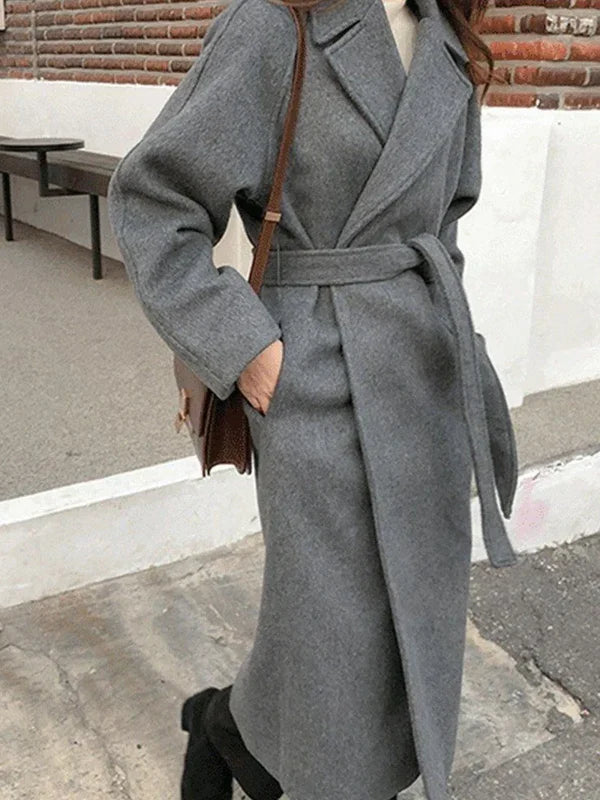 Notched Collar Belted Long Coat For Women