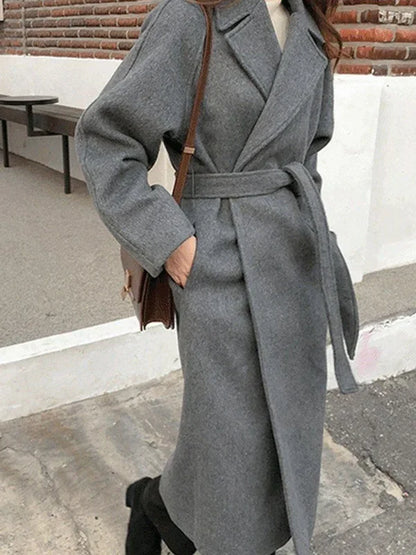 Notched Collar Belted Long Coat For Women