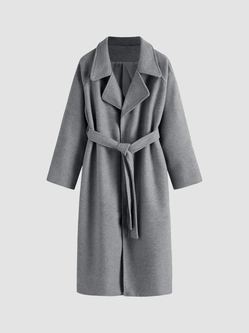 Notched Collar Belted Long Coat For Women