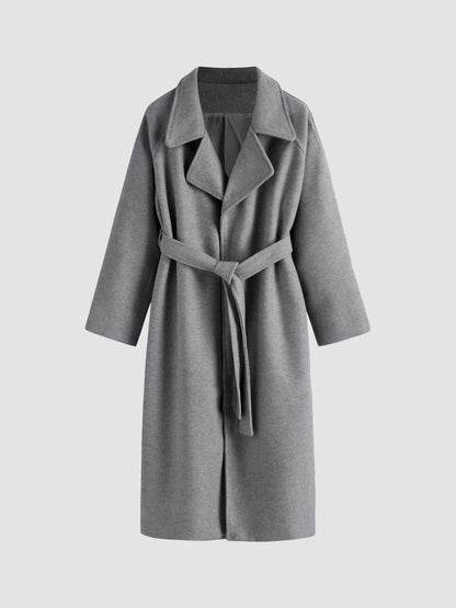 Notched Collar Belted Long Coat For Women