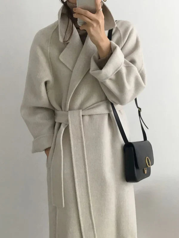 Notched Collar Belted Long Coat For Women