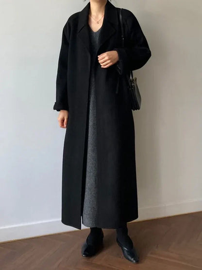 Notched Collar Belted Long Coat For Women