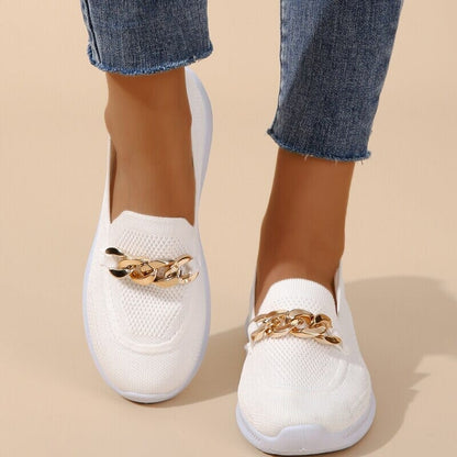 Chain Detail Round Toe Textured Slip On Shoes
