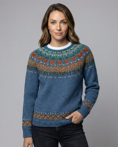 Patterned Yoked Ribbed Cuffed Round Long Sweater