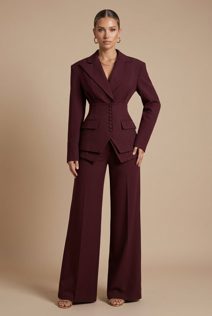 Corset Waist Buttoned Structured Layered Wide Leg Set