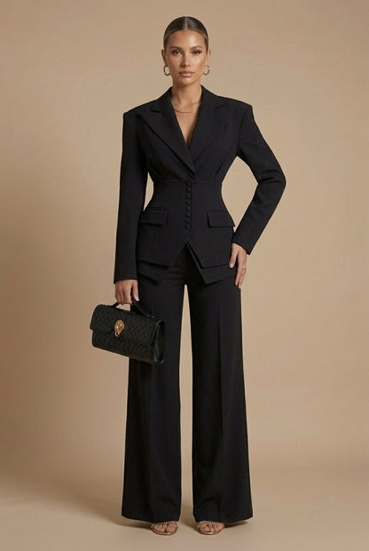 Corset Waist Buttoned Structured Layered Wide Leg Set