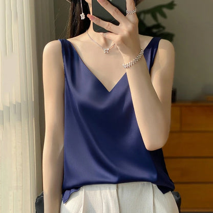 Sleeveless Plunging Loose Straight Plain Shirt