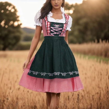 Women's Plaid Puff Sleeve Lace-Up Dirndl Midi Dress