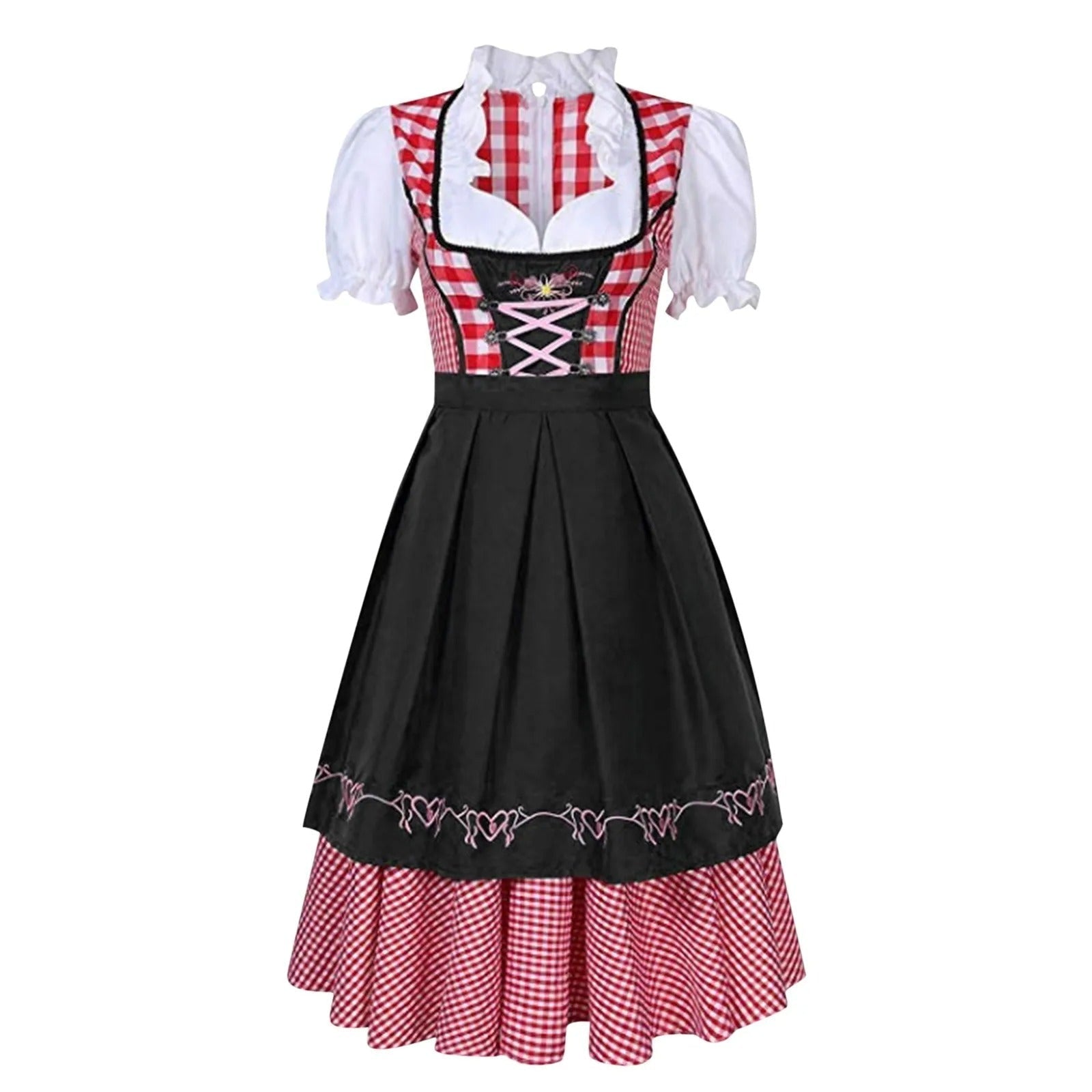 Women's Plaid Puff Sleeve Lace-Up Dirndl Midi Dress