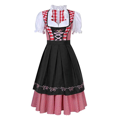 Women's Plaid Puff Sleeve Lace-Up Dirndl Midi Dress