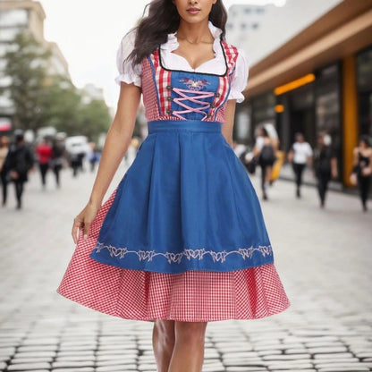 Women's Plaid Puff Sleeve Lace-Up Dirndl Midi Dress