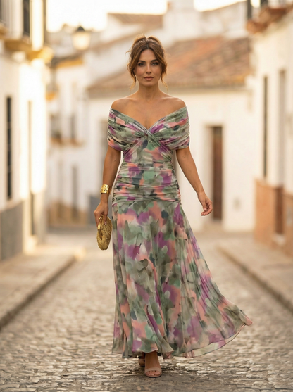 Draped Wrapped Ruched Flowing Maxi Dress