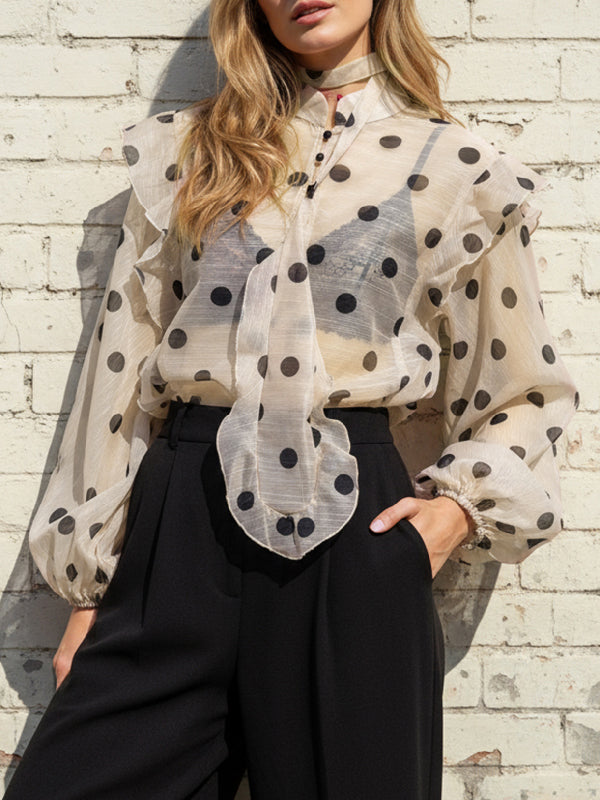 Polka Dot Ruffle Trim Sheer Mock Neck Blouse