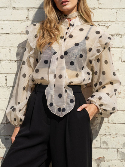 Polka Dot Ruffle Trim Sheer Mock Neck Blouse