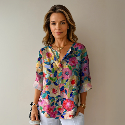 Floral Patterned Buttoned Relaxed Blouse
