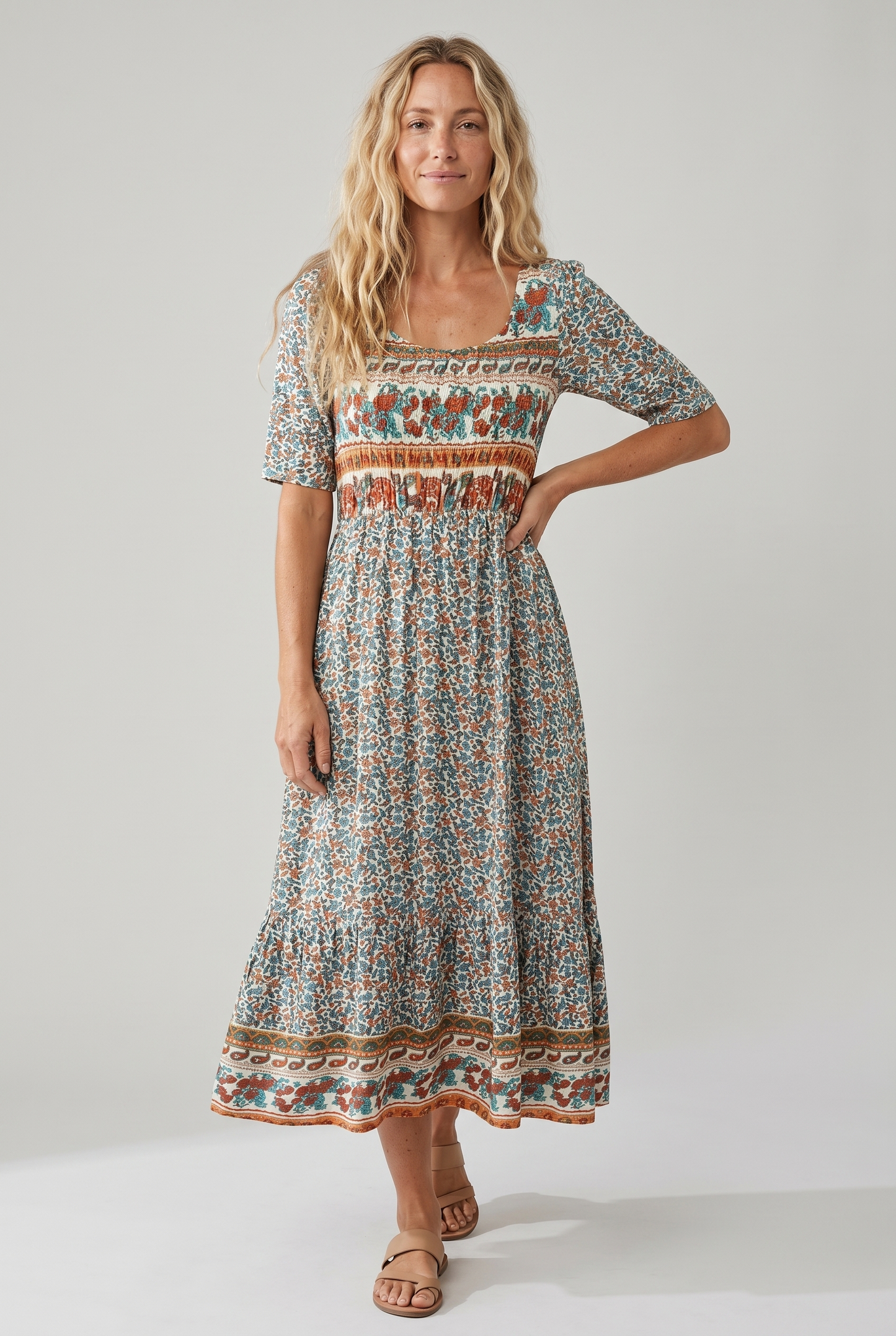 Floral Printed Scoop Smocked Tiered Dress