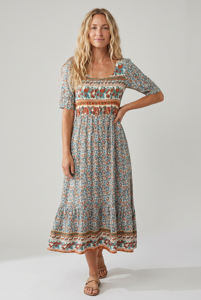 Floral Printed Scoop Smocked Tiered Dress