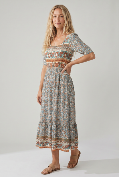 Floral Printed Scoop Smocked Tiered Dress